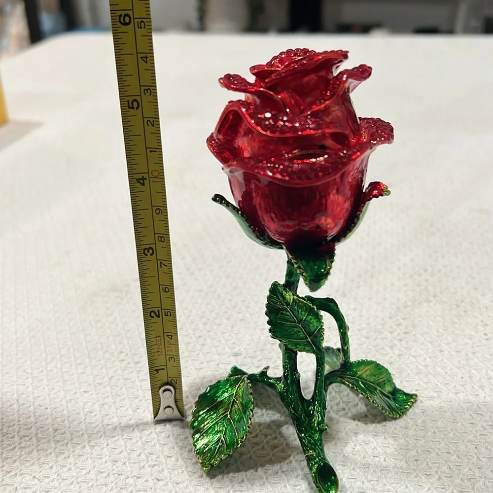 Elegant Red and Green Metal faberge style Rose , secret jewelry storage, NWB
